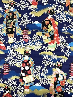 Japanese Cotton Fabric Geisha Geiko Ladies Navy Oriental Chinoiserie Upholstery • £11.91