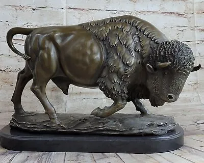 Signed American Buffalo Bull Bronze Sculpture By Barye On Marble Base Statue • $599