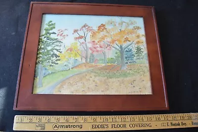 Vintage SIGNED Watercolor Art Painting Of Country Road In Fall Autumn Wood Frame • $49.95