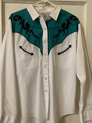 Western Shirt Pearl Snap Buttons Teal Embroidered White Vintage XL Style 90s Vtg • $18.87
