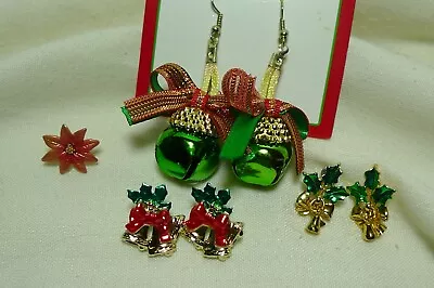Mixed Lot Vintage Holiday Christmas Earrings ~ Bells ~ Holly ~ Poinsettia • $10