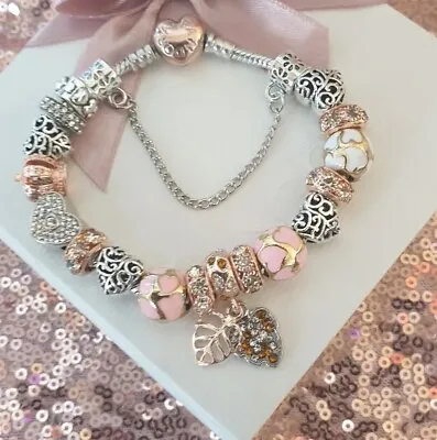 $67.02 • Buy Genuine Pandora Bracelet + Rose Gold Heart Clasp & Rose Gold Charms 19 Cm + Box