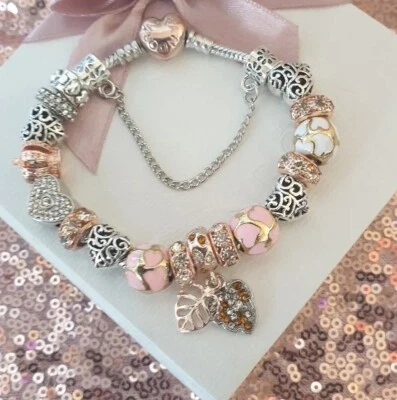 $67.02 • Buy Genuine Pandora Bracelet + Rose Gold Heart Clasp & Rose Gold Charms 19 Cm + Box