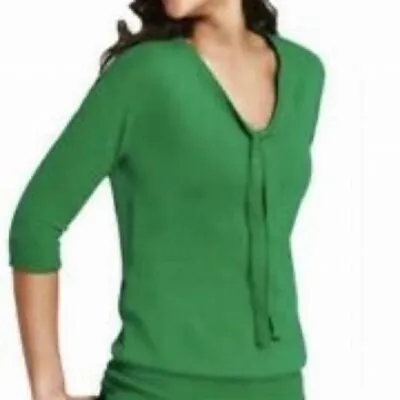 CAbi Sweater Womens M Green Tie Neck Cotton Knit 3/4 Sleeve Christmas V-Neck Top • $22.14
