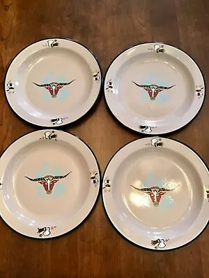 Vint. Monterrey Western Ware Enamel Longhorn Steer 10” Dinner Plates - Set Of 4 • $60