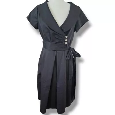 Vintage 50's Style Black Collared Wrap Dress With Full Skirt -Dress Barn Size 10 • £25.55