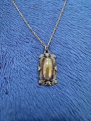 Vintage Sterling Silver 925 Art Deco Mexican Fire Opal Pendant Necklace 16.5in • $239.99