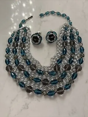 Vintage West Germany Blue Bead Silver Multi Strand Necklace Clip On Earrings Set • $34.99