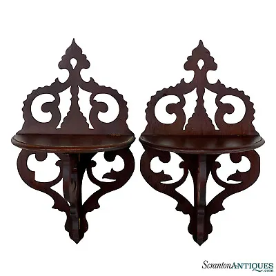 Antique Eastlake Victorian Mahogany Fretwork Carved Wall Hanging Shelf's - A Pai • $180