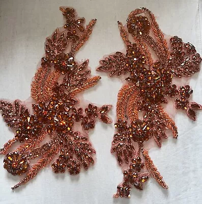 Orange Rhinestone Applique Motif Mirror Pair Diamante Patch • £37