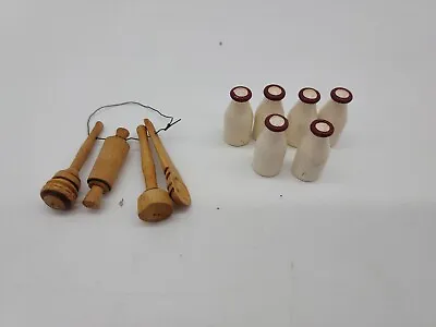 Miniature Doll House Kitchen Items Milk Bottles Wood Spoon Rolling Pin Country • $11.95