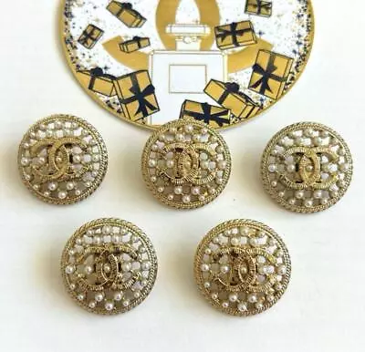 Vintage Chanel Buttons 5Pcs Gold X Pearl CC Logo Round 2.4cm 0.94  • $84