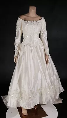 Unbranded Vintage 80s 90s Alencon Lace Long Sleeve Wedding Dress With Train 12 • $374.96