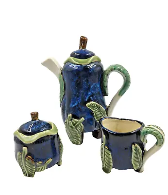 Vintage Majolica Coffee/Teapot Set W Creamer ~ Sugar Bowl ~ Blue W Green Leaves • $69.99