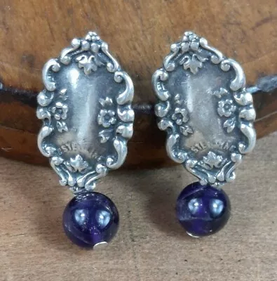 Vintage OOAK Designer Artisan T. FOREE Sterling Amethyst Drop Pierced Earrings  • $58