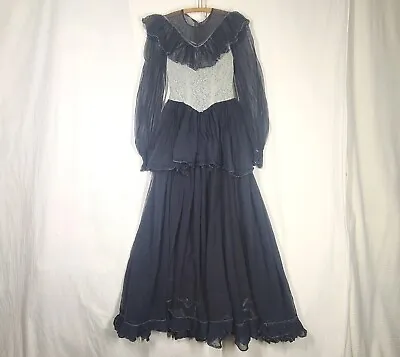 Vtg Goth Formal Dress Black Sheer Gauze Ruffle Hand Stitch Full Skirt XS Fetish • $144
