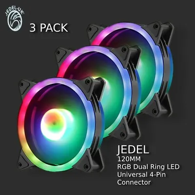 Pack Of 3 JEDEL 120MM RGB Dual Ring LED Cooling Fan Universal 4-Pin Connector • £13.29