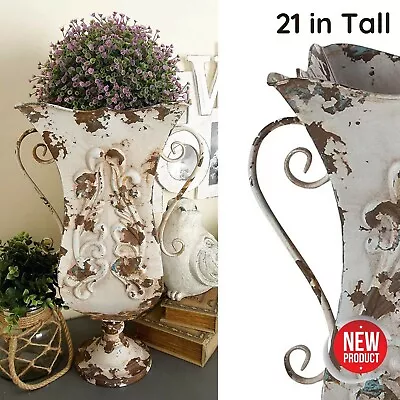 Rustic White Metal Vase Home Decor Tall Unique Rusted Floral Large Office Flower • $123.12