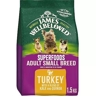 1.5kg James Wellbeloved Adult Small Breed Dry Dog Food Turkey Kale & Quinoa • £13.61