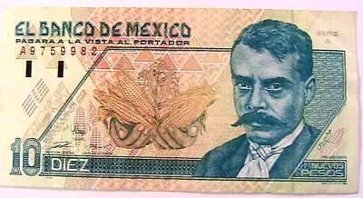 1992 Mexico 10 Nuevos Pesos VF+  Serie A  Mexican Currency Paper Money Banknote • $31