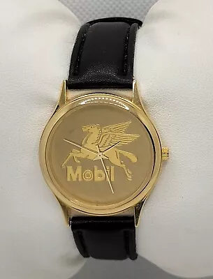 Vintage Mens Mobil Oil Advertising Dress Gold Tone Black Leather Analog Watch H1 • $69.99