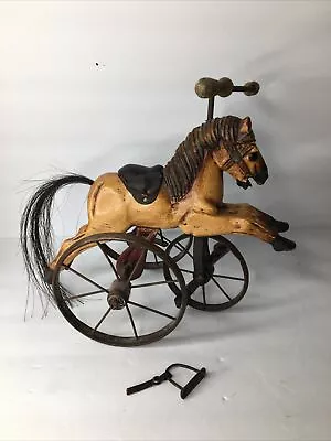 Vintage Wooden Horse Tricycle Toy Hand Carved Leather Saddle • $85