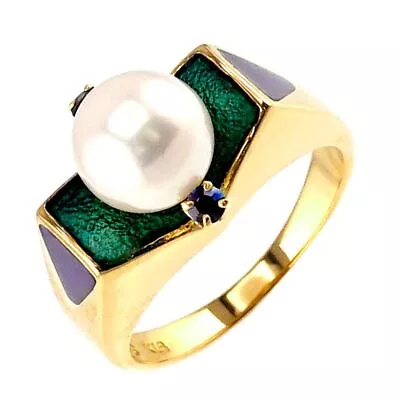 MIKIMOTO Akoya Pearl 7.4mm Sapphire Enamel Ring 18K YG 750 Size4.75-5US 90213921 • £387.90