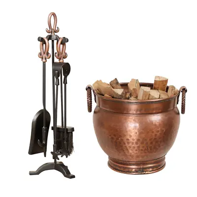 Copper Fireplace Kindling Log Bucket Fire Scuttle Basket Companion Set Tools • £42