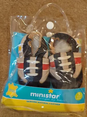 Ministar Soft Shoes Baby Size 0-6 Months Blue Orange Striped Leather Sneaker   • $13.99