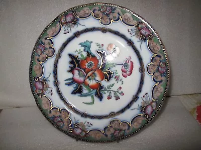 Antique 10.75  Charles Meigh Flow Blue Stonware Gold Trim Poppy Dinner Plate (b) • $99.99