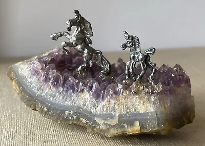 Vintage Pewter Unicorns Natural Amethyst Crystal Geode Horse Mystical Glass • $39.95