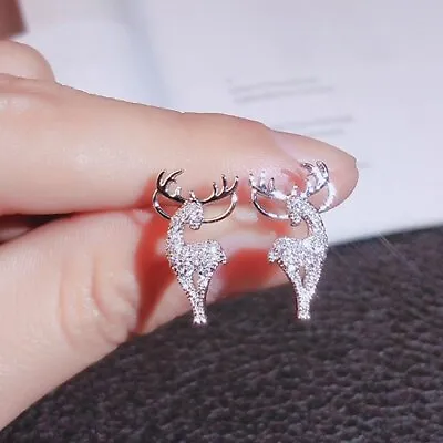 Fashion Silver Zircon Christmas Xmas Elk Earrings Stud Women Party Jewelry • $3.29