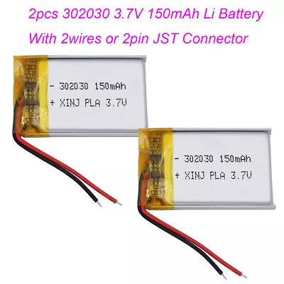 2pcs 3.7V 150mAh 0.555Wh Polymer Lipo Li Battery 302030 JST 2Pin Connector Plug • £7.80