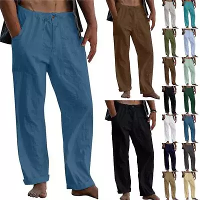 $20.13 • Buy Mens Summer Cotton Linen Long Pants Casual Baggy Loose Beach Buttoms Trousers