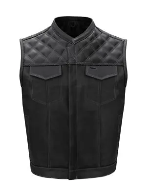 Men's Black Leather Vest Motorcycle White Thread Diamond Cuts Shoulder Waistcoat • $103.49