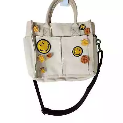 ZARA Beige Canvas Smiley Patches Embroidery Tote Crossbody - Flaw • $29