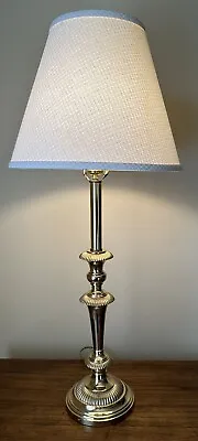 Vintage Leviton Heavy Polished Brass Tiered Candlestick Table Lamp With Shade • $65