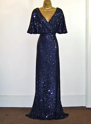 Quiz Sequin Size 8 Navy Blue Angel Sleeve Evening Party Prom Maxi Dress • £35.99
