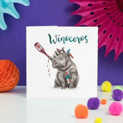 £2.99 • Buy Funny Rhinoceros With Wine Birthday Card – Hand Painted And Printed In The UK