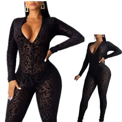 Womens See Through Leopard Print Unitard Long Sleeve Zipper Jumpsuit Bodysuit • $18.35