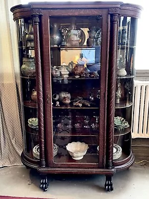 Antique Circa 1900 Bow Front Quarter Sawn Oak Five Shelf Mirrored China Cabinet • $1800