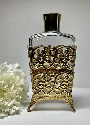 Vintage Glass Perfume Bottle With Gold Tone Metal Filigree Footed Stand • $18.49