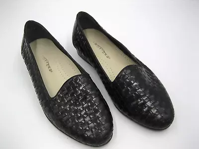 TROTTERS Women's Black Woven Leather Weave Flat Loafer Liz Size 7.5 WW • $14.95