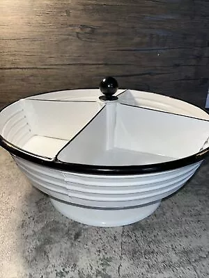 Country Farmhouse Enamel Metal Rotating Server/Lazy Susan White W/ Black 14x8 • $30