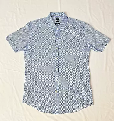 Boss Hugo Boss Shirt Men L Blue Short Sleeve Button Down Sharp Fit Cotton Blend • $29.99