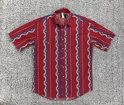 VTG Wrangler RUSTLER Aztec Western Mens M Pearl Snap Short Sleeve Red Shirt • $32.88