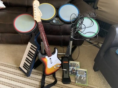 $200 • Buy Xbox 360 Rock Band 2 Bundle Drums, Strat Guitar,Mic RB3 Keyboard,2 Games Tested