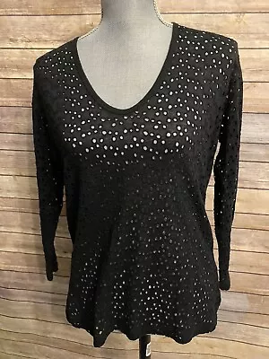 Majestic Filatures Black Mesh Eyelet Lace Soft Touch Deluxe Teeshirt Sz 1 Linen • $43.99