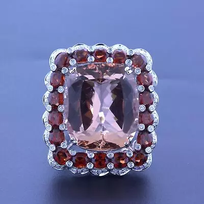 Massive 30.39 Carat Morganite Diamond Garnet 18k White Gold Cocktail Ring • $9200