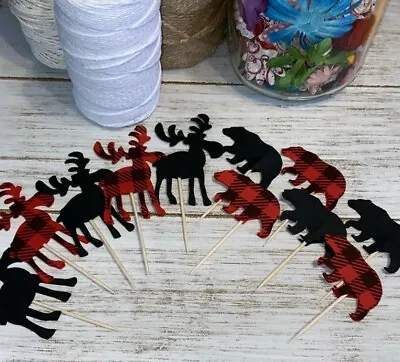 24 Moose And Bear Cupcake Toppers Woodland Baby Shower Birthday Decorations • $9.99